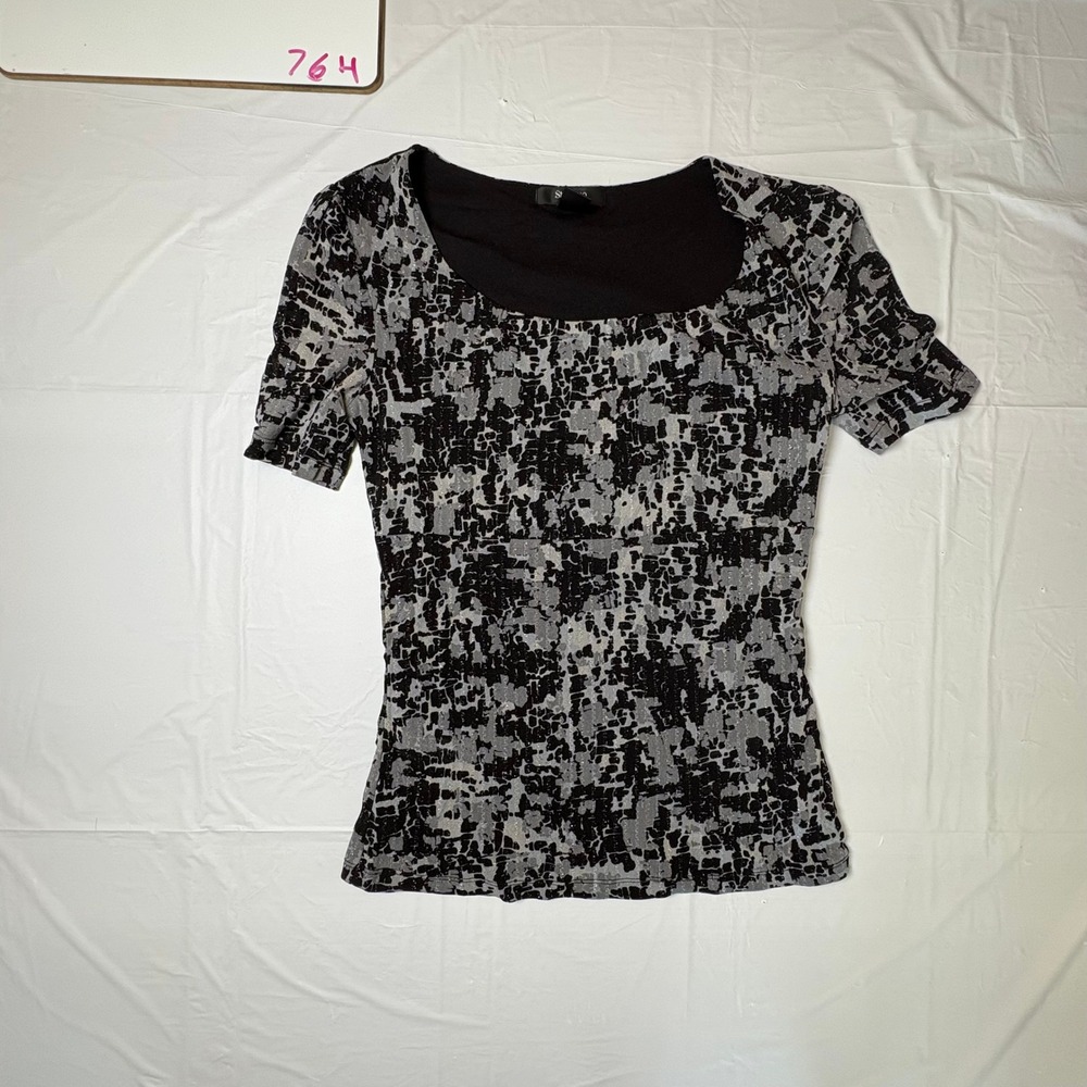 Style & Co Petite Womens Small Black Grey Abstract Metallic Scoop‎ Neck Top